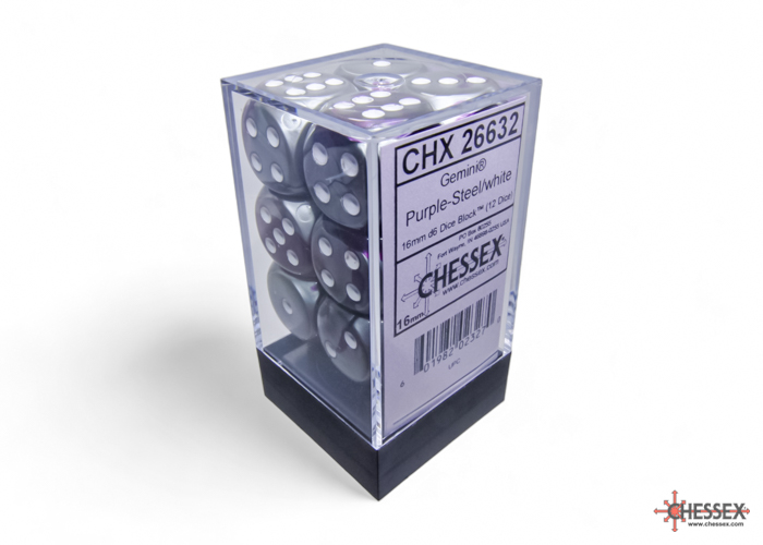 Gemini Purple-Steel/white 16mm d6 Dice Block (12 dice) - CHX26632